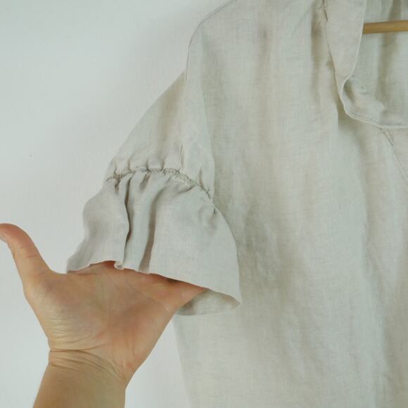 Finley Medium Top 100% Linen Short Sleeve Beige Ruffle Popover Relaxed Beachy - Picture 4 of 7